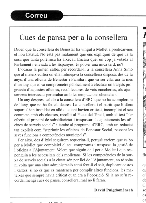 Article Cues de pansa per a la consellera